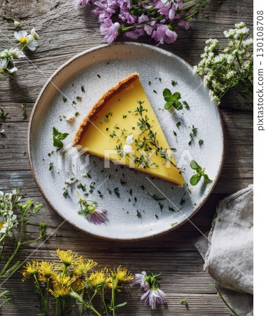 A slice of lemon tart on a white plate, decorated with fresh herbs and surrounded by flowers. 130108708