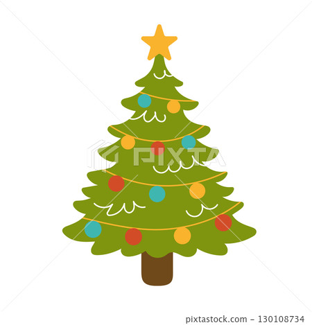 Christmas tree with garlands, balls and toys in flat style on white background. 130108734