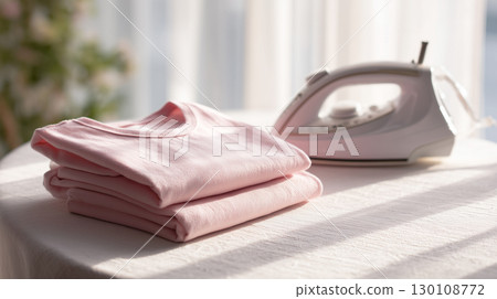 Pink T-shirt and iron in soft morning light Pink T-shirt and iron in soft morning light 130108772