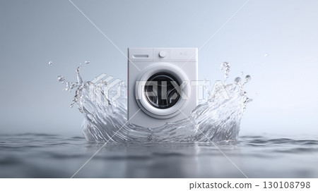 A washing machine surrounded by swirling water 130108798