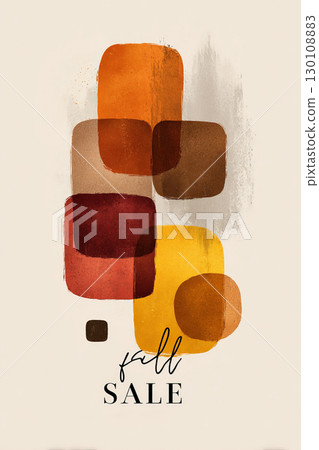 Abstract design with overlapping brown, orange, red, and yellow rectangles on a light background with 'Fall Sale' text. Abstract design with overlapping brown, orange, red, and yellow rectangles on a light background with 'Fall Sale' text. 130108883