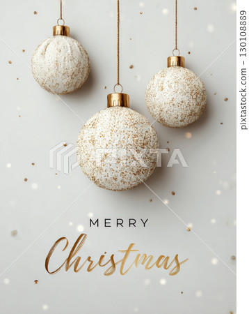 Glittery Christmas ornaments in gold, silver, and white hanging above a 'Merry Christmas' message with a festive background. Glittery Christmas ornaments in gold, silver, and white hanging above a 'Merry Christmas' message with a festive background. 130108889