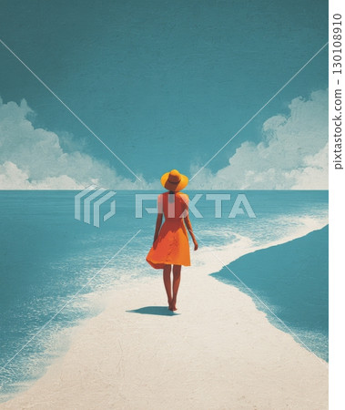 A woman in an orange dress and hat walks on a sandy beach path towards the ocean under a blue sky. 130108910