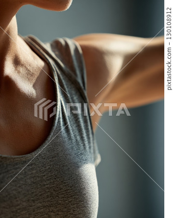 Close-up of a person wearing a gray sleeveless shirt, highlighting their arm and shoulder with natural light. 130108912