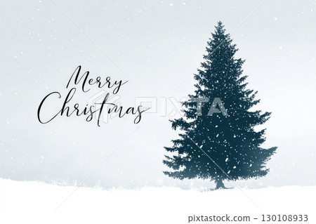 A snowy scene with a large Christmas tree and falling snowflakes. The words 'Merry Christmas' are written in elegant script on the left. 130108933