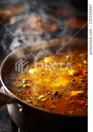 A steaming pot of spicy soup with visible herbs and rich broth. 130108997