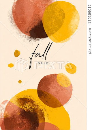 Abstract autumn-themed sale background with overlapping circles in warm colors and stylized text. 130109012