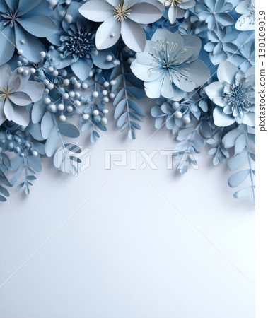 A beautiful arrangement of blue and white paper flowers on a light background. 130109019