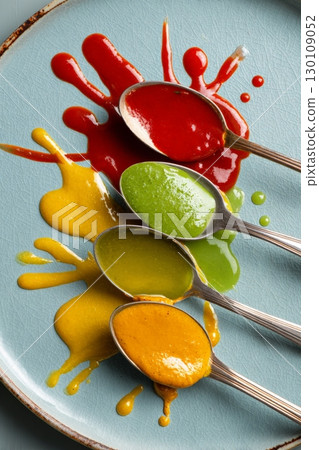 Four spoons on a plate, each with different colored sauces splattered underneath. 130109052