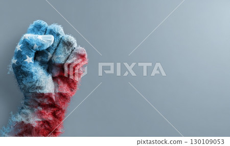 A clenched fist painted with the American flag colors of red, white, and blue, with stars visible on the knuckles, set against a blurred background of similar colors. Labor Day holiday conceptual 130109053