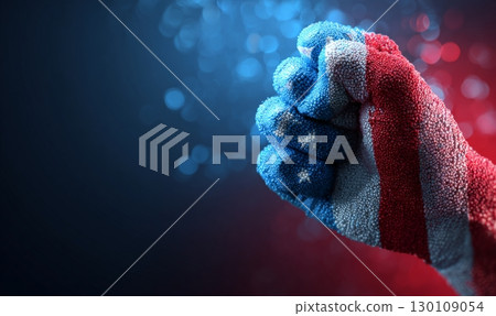 A clenched fist painted with the American flag colors of red, white, and blue, with stars visible on the knuckles, set against a blurred background of similar colors. Labor Day holiday conceptual 130109054
