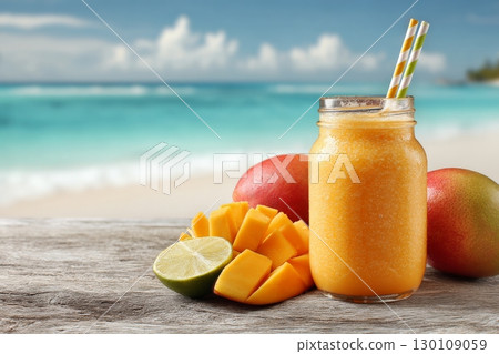 A jar of yellow smoothie with a striped straw on a wooden table, surrounded by sliced mango, lime, and whole mangoes, with a beach in the background. 130109059