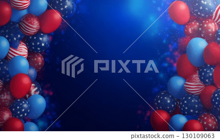 A festive display of red, white, and blue balloons with stars and stripes on a blue background. USA holidays concept background 130109063