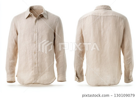 Beige linen long-sleeve shirt shown from the front and back. 130109079