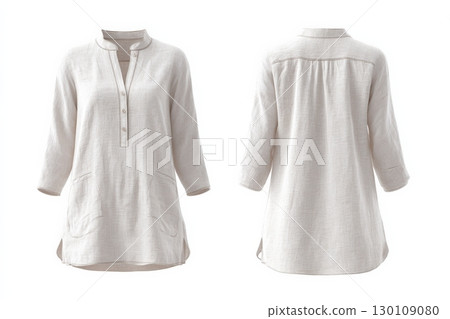 A light beige tunic with three-quarter sleeves, front button detail, shown from both front and back view. 130109080