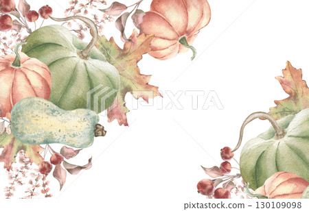Pumpkins and harvest in neutral tones watercolor corner banner isolated. Hand painted decorative edge for invitation and botanical fall. Autumn pastel Thanksgiving greeting cards. Pumpkins and harvest in neutral tones watercolor corner banner isolated. Hand painted decorative edge for invitation and botanical fall. Autumn pastel Thanksgiving greeting cards. 130109098