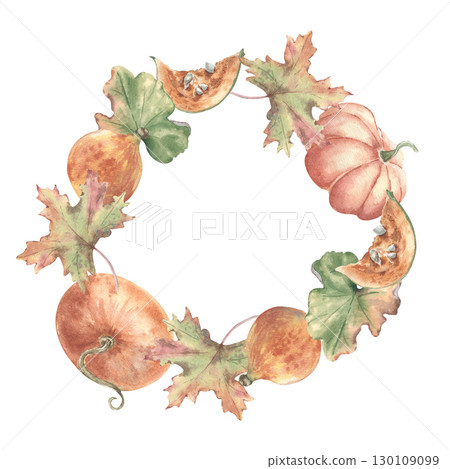 Vintage pumpkin wreath watercolor Illustration isolated. Whole and pieces pumpkins autumn foliage in muted orange green tones hand drawn. Farm fresh vegetables harvest on frame for Thanksgiving cards. Vintage pumpkin wreath watercolor Illustration isolated. Whole and pieces pumpkins autumn foliage in muted orange green tones hand drawn. Farm fresh vegetables harvest on frame for Thanksgiving cards. 130109099
