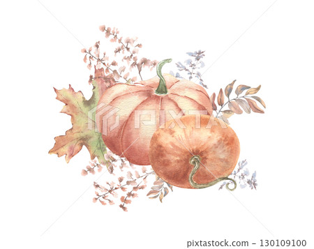 Orange pumpkins and abstract soft autumn wildflowers, branches watercolor illustration isolated. Delicate fall botanical sketch vegetables maple leaf hand painted. Pastel autumn wedding watercolor. 130109100