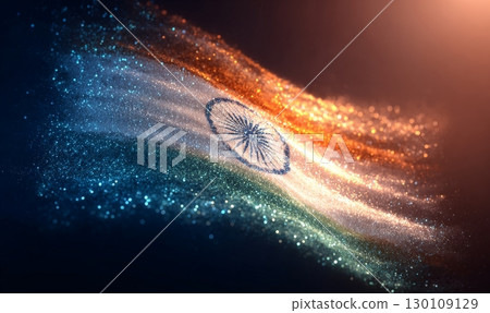 A vibrant Indian flag waving against a festive background with colorful lights and sparkles. 130109129