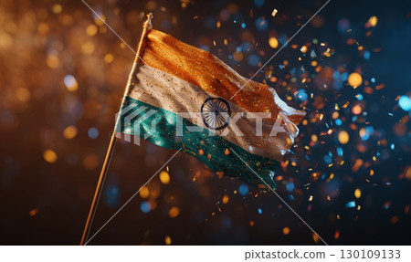 A vibrant Indian flag waving against a festive background with colorful lights and sparkles. 130109133