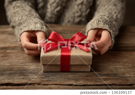 A person holding a small gift wrapped in brown fabric with a red ribbon on a wooden table. 130109137