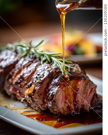 A juicy steak covered in rich, dark sauce being poured from a glass container onto a plate. 130109169