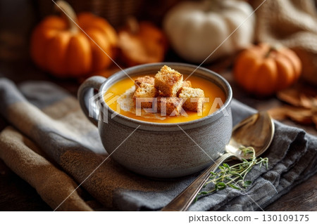 A cozy scene with a bowl of creamy pumpkin soup topped with croutons, placed on a folded cloth with pumpkins and a spoon nearby. 130109175