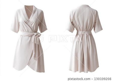 White silk wrap dress with long sleeves and waist tie, front and back view. 130109208