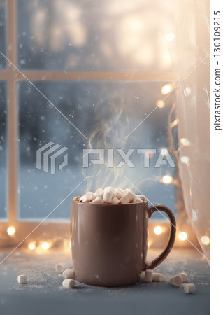 A cozy scene with a mug of hot chocolate topped with marshmallows, placed by a snowy window with warm string lights. A cozy scene with a mug of hot chocolate topped with marshmallows, placed by a snowy window with warm string lights. 130109215