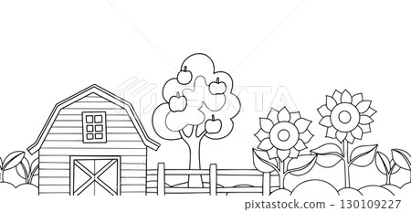 Coloring book. Vector seamless frame with farm barn, sunflowers and plants. Children's illustration, cartoon. Coloring book. Vector seamless frame with farm barn, sunflowers and plants. Children's illustration, cartoon. 130109227