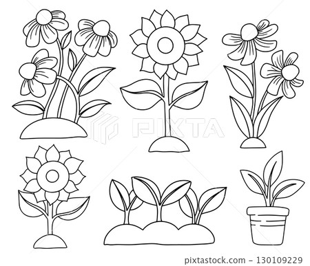 Coloring book. Set of sunflowers and autumn flowers, vector illustration for children, cartoon. Coloring book. Set of sunflowers and autumn flowers, vector illustration for children, cartoon. 130109229