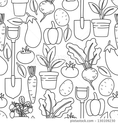 Coloring book. Seamless vector pattern with farm vegetables. Children's illustration, cartoon. Coloring book. Seamless vector pattern with farm vegetables. Children's illustration, cartoon. 130109230
