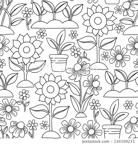 Coloring book. Seamless pattern of sunflowers and autumn flowers vector drawing. Illustration for children, cartoon Coloring book. Seamless pattern of sunflowers and autumn flowers vector drawing. Illustration for children, cartoon 130109231