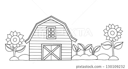 Coloring book. Vector frame with farm barn, sunflowers and plants. Children's illustration, cartoon. Coloring book. Vector frame with farm barn, sunflowers and plants. Children's illustration, cartoon. 130109232