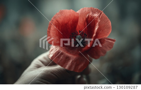 A hand holding a delicate, red poppy flower with a soft focus background. Memorial Day or Veteran's Day concept 130109287