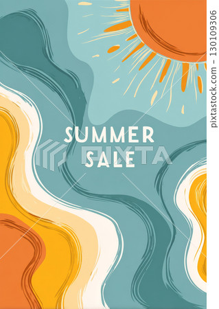 Abstract layered waves in shades of blue and beige with the words 'Summer Sale' on the side 130109306