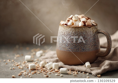A warm mug of hot chocolate topped with marshmallows and cocoa powder, placed on a rustic cloth with scattered marshmallows. 130109329