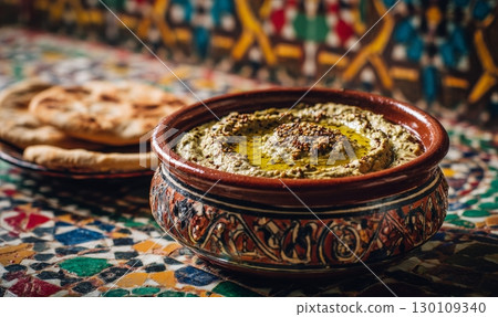 A bowl of Morrocan eggplant dip with olive oil and spice on a colorful mosaic table, alongside flatbread. 130109340