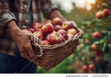 A person holding a wicker basket full of freshly picked red apples in an orchard. 130109363