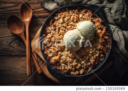 A warm apple crumble topped with two scoops of vanilla ice cream in a round dish, placed on a wooden table with two wooden spoons and a cloth nearby. 130109369