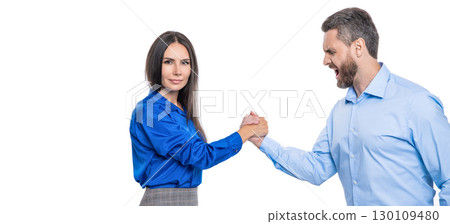 two businesspeople competing in arm wrestling isolated on white. confrontation in office. business competitors doing arm wrestling. competition for leadership. business competition. copy space 130109480