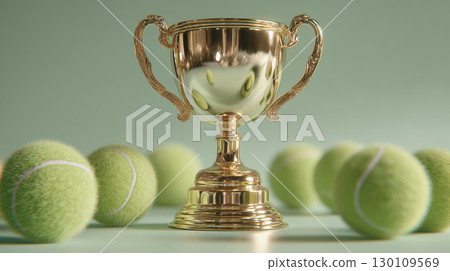 Golden trophy surrounded by tennis balls celebrating victory in sports 130109569