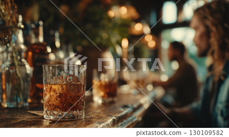 Enjoying handcrafted cocktails in a cozy bar atmosphere at dusk 130109582