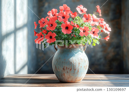 Blooming red flower. Sunny day. Big Geranium plant with red flowers grows. Ceramic vase in a village style. 130109697
