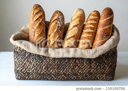 Baking. Baked French baguette in a wicker basket on a white background. Baking. Baked French baguette in a wicker basket on a white background. 130109708