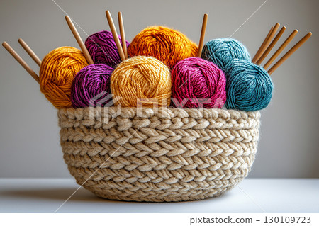 Vintage Vibes. Vibrant yarn skeins and knitting needles in a wicker basket on a white background. 130109723
