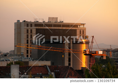 13 July 2012 Wroclaw, Poland, lower silesia. Arkady Wroclawskie shopping mall seen from the roof of Renoma in Wroclaw at sunset. 13 July 2012 Wroclaw, Poland, lower silesia. Arkady Wroclawskie shopping mall seen from the roof of Renoma in Wroclaw at sunset. 130109734