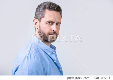 portrait of bearded man with beard isolated on grey background. bearded man 130109791