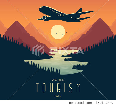 World Tourism Day scenic landscape with airplane and mountains vector. 130109889