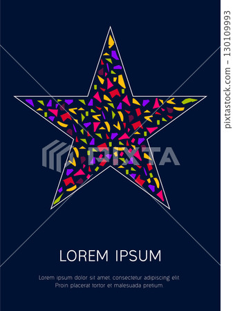 Star whith multicolor mosaic splinters inside on dark blue background. Vector template for modern postcard, card, picture, cover, design, brochure, flyer. A4 size 130109993